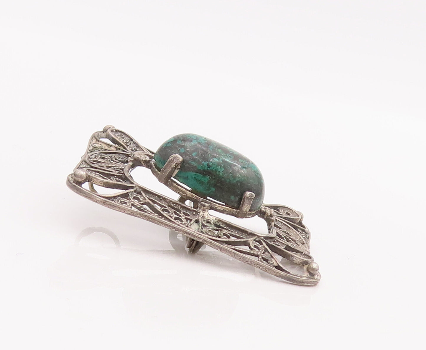 925 Sterling Silver Vintage Brooch Pin Green Moss Agate Swirly Cutout  BP11006