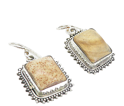 925 Sterling Silver  Vintage Brown Jasper Square Shiny Dangle Earrings  EG3774