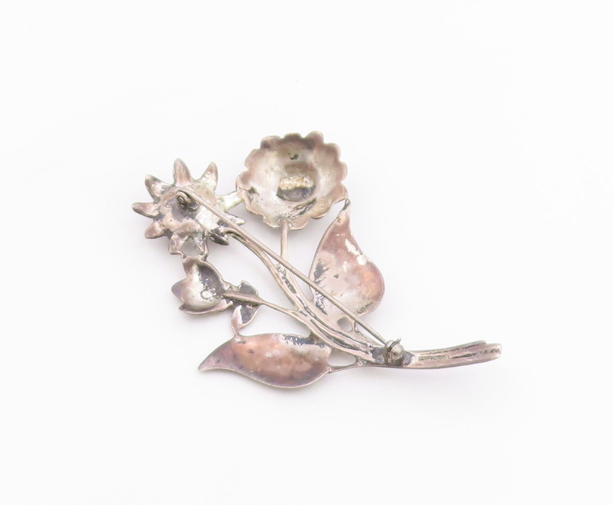 925 Sterling Silver Vintage Antique Carved Flowers With Stem Brooch Pin BP9574