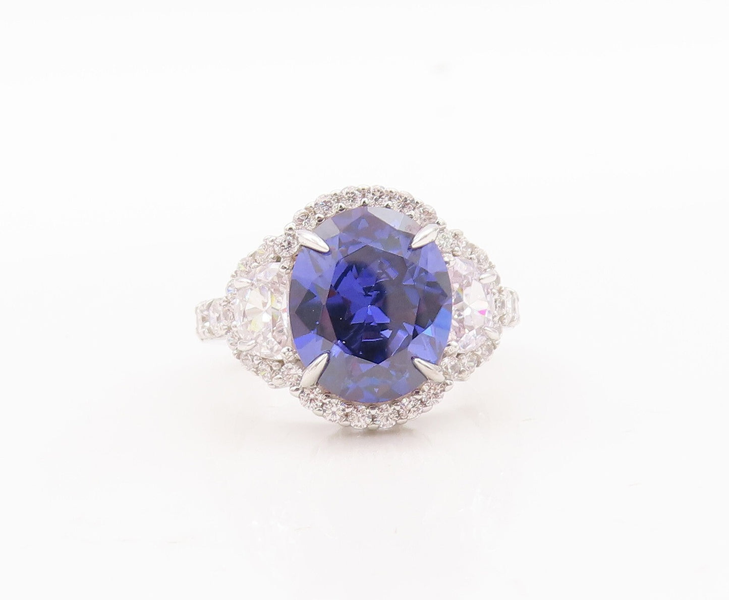 925 Sterling Silver Vintage Ring Oval Cut Sapphire Halo CZ Inlay  Sz 7  RG29737