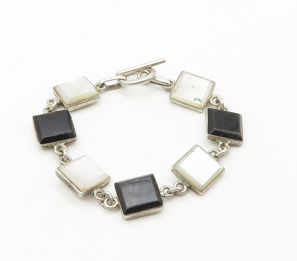 925 Sterling Silver Vintage Mother Of Pearl & Black Onyx Chain Bracelet BT6267
