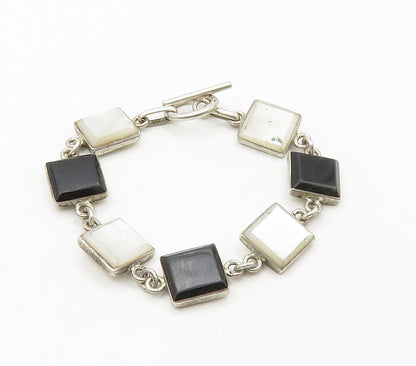 925 Sterling Silver Vintage Mother Of Pearl & Black Onyx Chain Bracelet BT6267