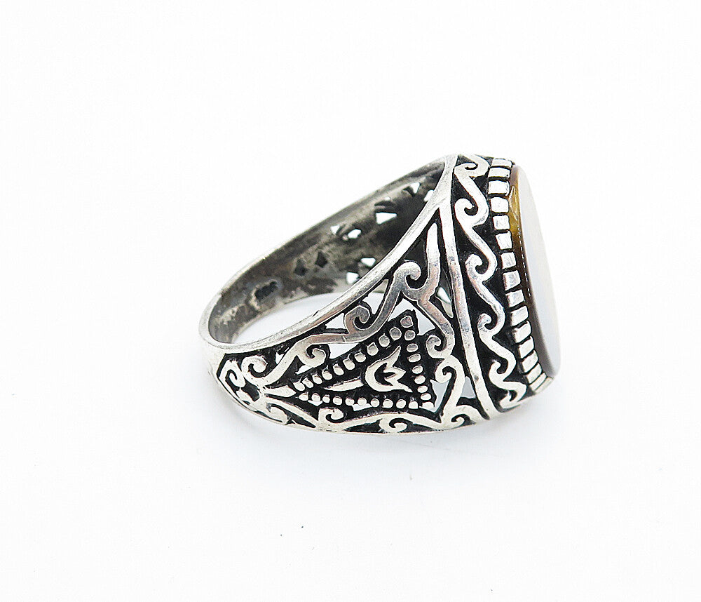 925 Sterling Silver Vintage Inlaid Tiger's Eye Dome Band Ring Sz 10.5 RG7362