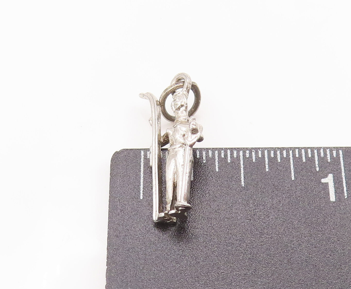 925 Sterling Silver Vintage Pendant Minimalist Carved Skiing Man Charm  PT22763