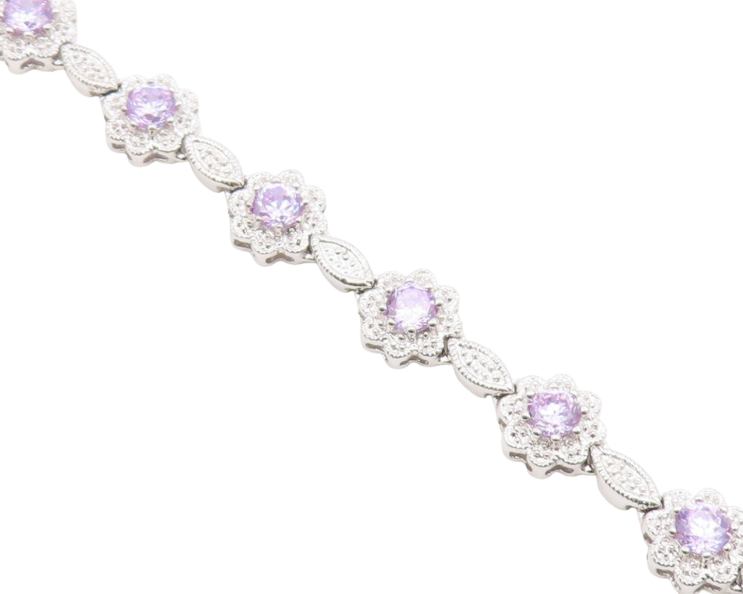 925 Sterling Silver  Shiny Purple Cubic Zirconia Floral Chain Bracelet  BT7364