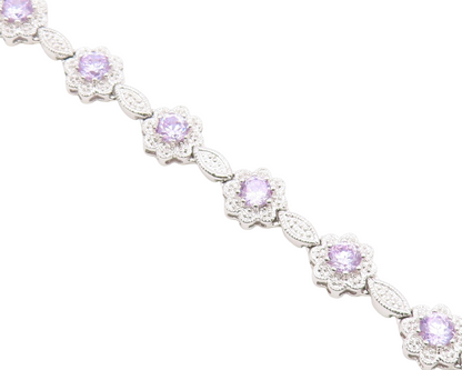 925 Sterling Silver  Shiny Purple Cubic Zirconia Floral Chain Bracelet  BT7364