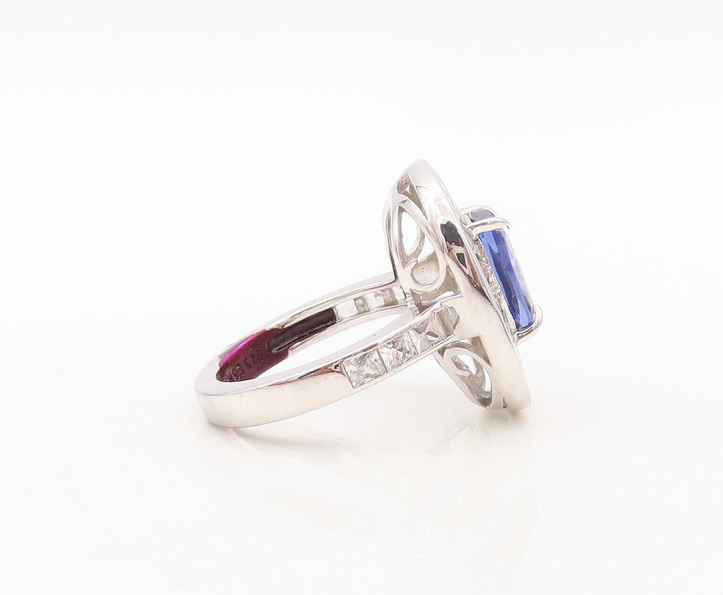 925 Sterling Silver Vintage Ring Rectangle Cut Sapphire Halo Topaz Sz 7  RG30265