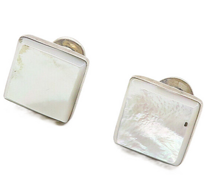 925 Sterling Silver  Vintage Shiny Mother Of Pearl Square Cuff Links  TR1731