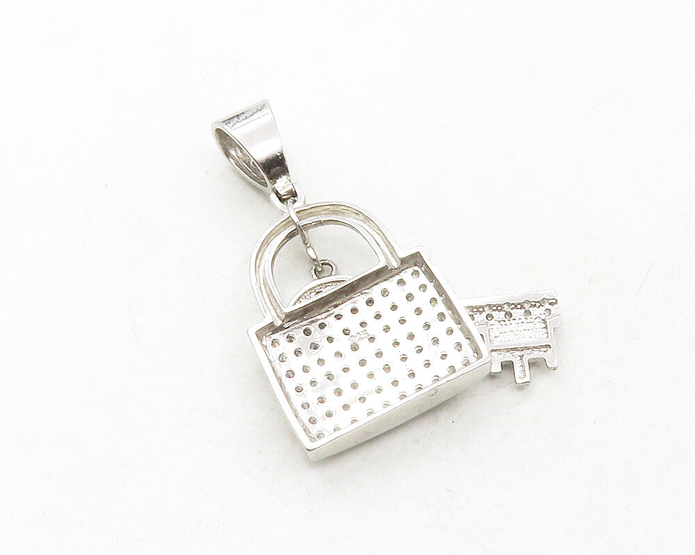 925 Sterling Silver  Vintage Cubic Zirconia Pad Lock & Key Pendant  PT10142