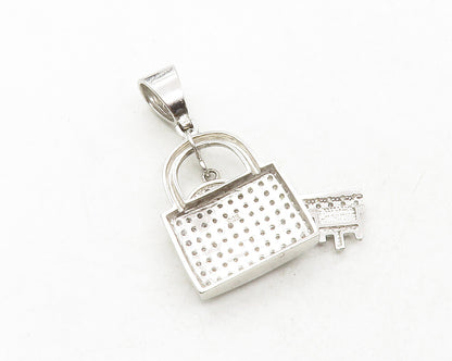 925 Sterling Silver  Vintage Cubic Zirconia Pad Lock & Key Pendant  PT10142