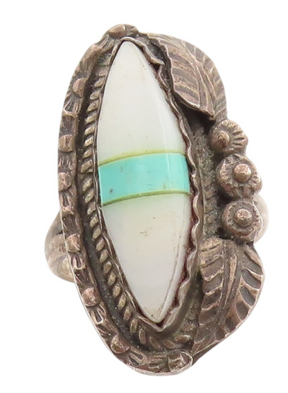925 Sterling Silver Vintage Ring NAVAJO ZUNI Mother Of Pearls Gem  Sz 7 RG32566