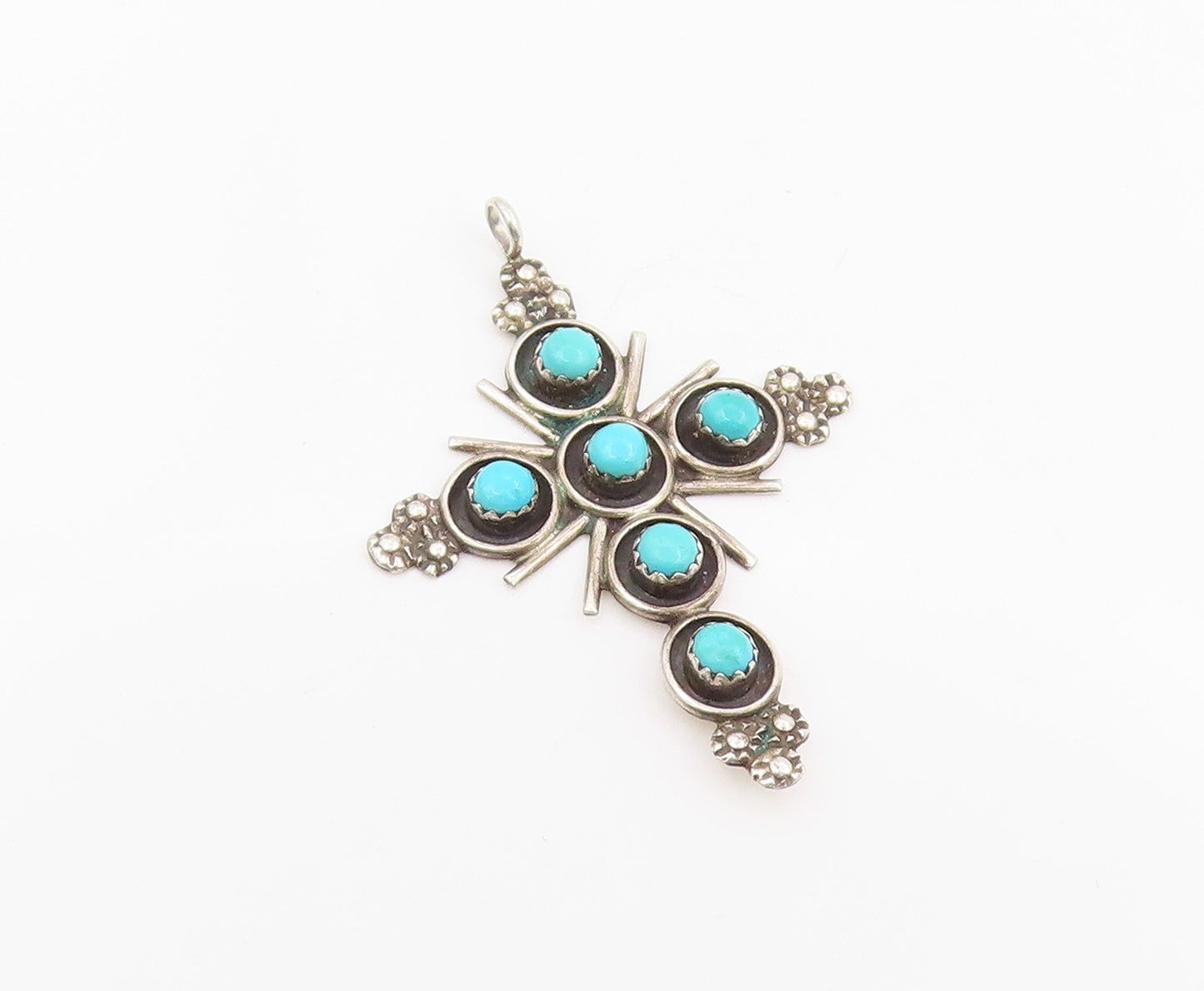 925 Sterling Silver Vintage Pendant NAVAJO ZUNI Round Turquoise Cross  PT25670