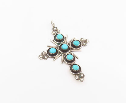 925 Sterling Silver Vintage Pendant NAVAJO ZUNI Round Turquoise Cross  PT25670