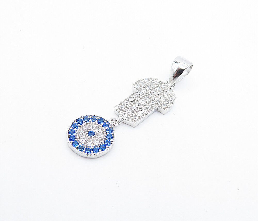 925 Sterling Silver  Petite Shiny Cubic Zirconia Hamsa Evil Eye Pendant PT5921