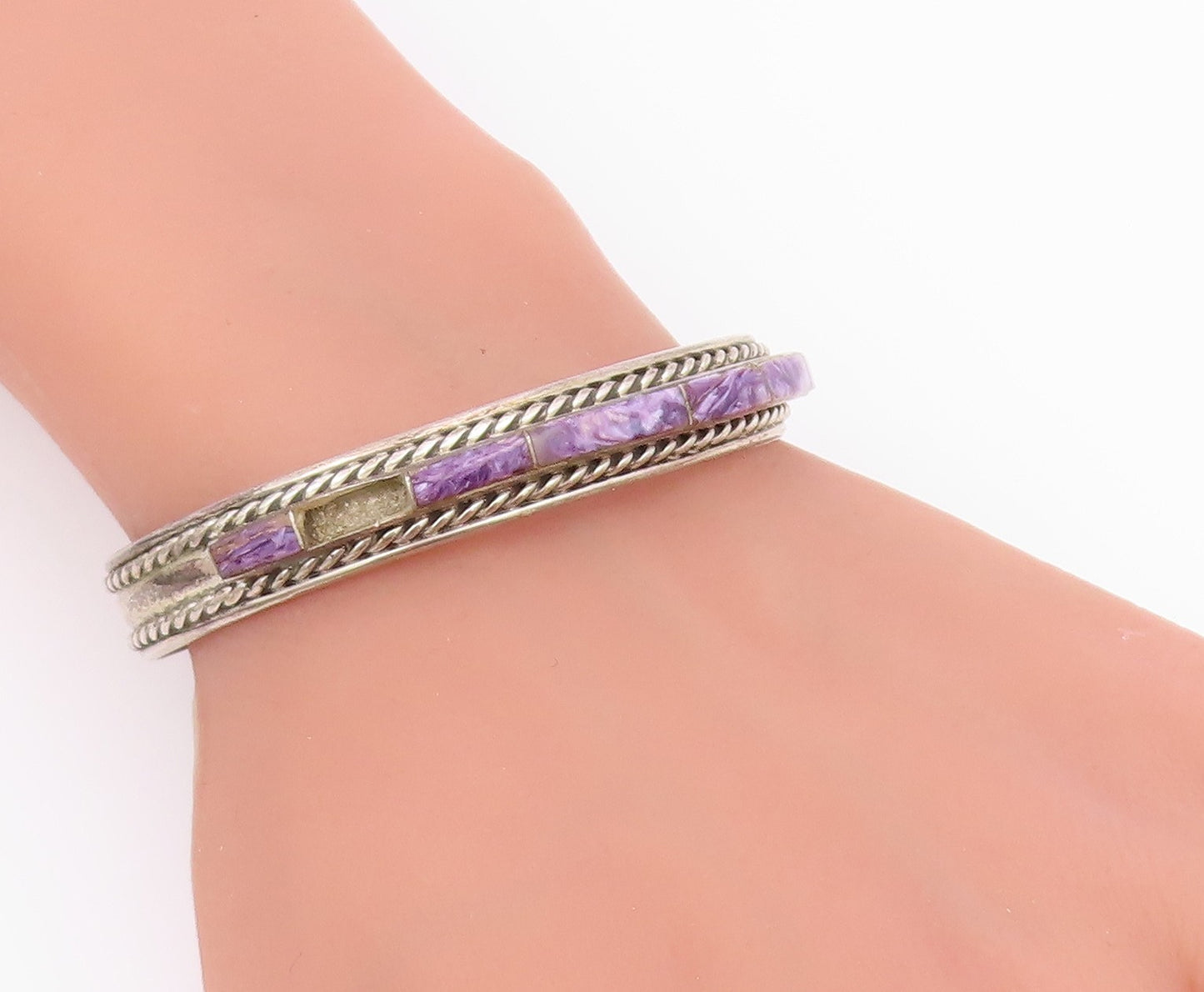 YAZZIE NAVAJO 925 Silver  Vintage Multi Charoite Braided Cuff Bracelet  BT9538