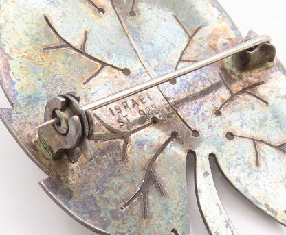 925 Sterling Silver Vintage Brooch ISRAEL Turquoise Etched Grape Leaf  BP11859