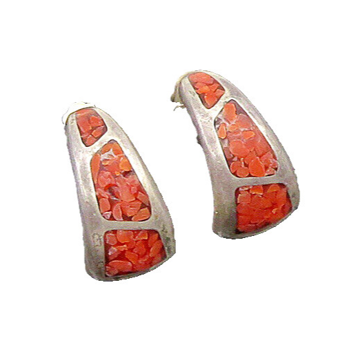 ZUNI NAVAJO 925 Sterling Silver  Vintage Coral Curve Drop Earrings  EG10785