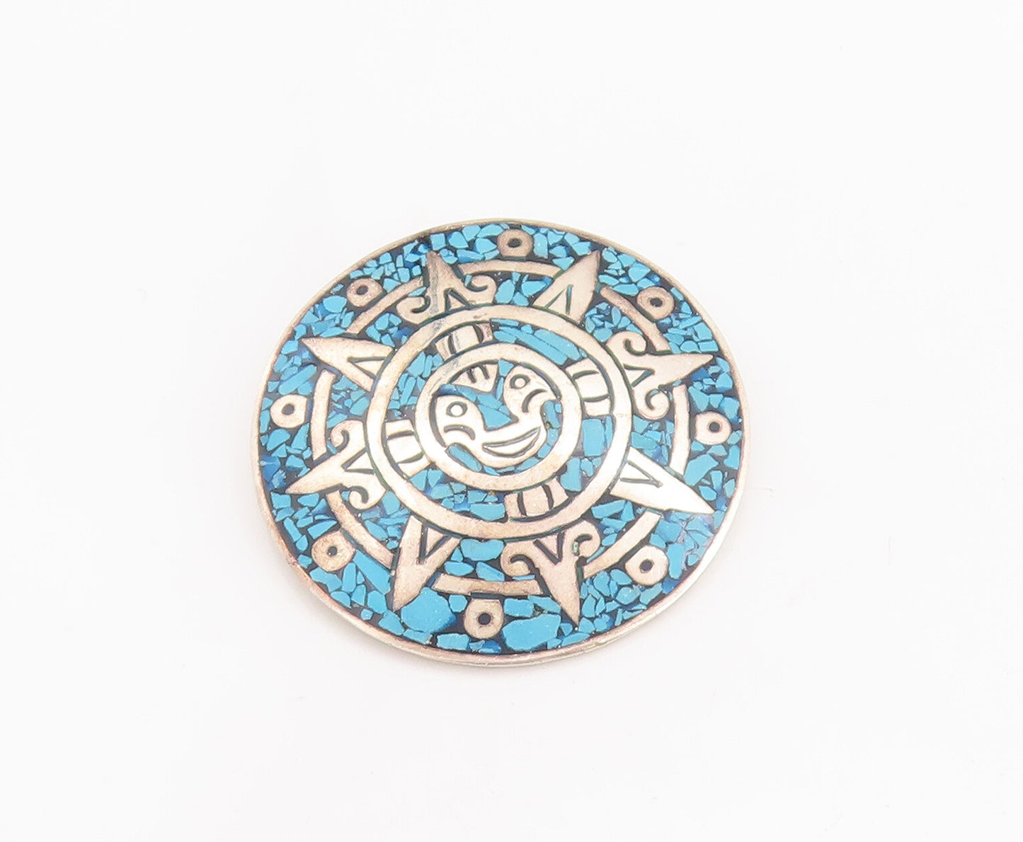 925 Sterling Silver Vintage Brooch Pin MEXICO Crushed Larimar Celtic Sun BP11055