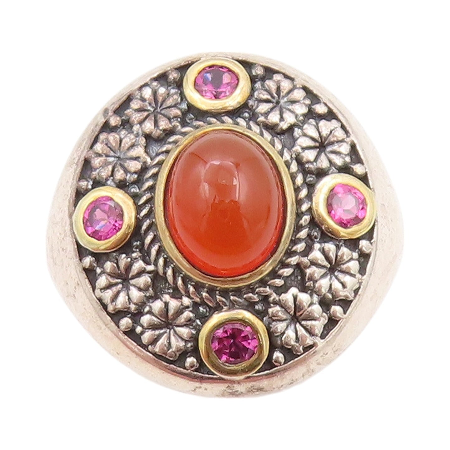 14k Gold 925 Sterling Silver Vintage Ring Gemstone Floral Carved SZ 7.5 RG32218
