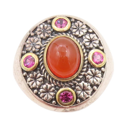 14k Gold 925 Sterling Silver Vintage Ring Gemstone Floral Carved SZ 7.5 RG32218