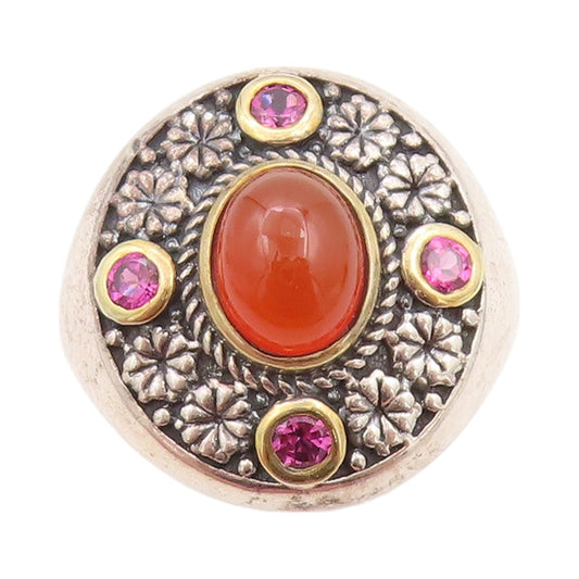 14k Gold 925 Sterling Silver Vintage Ring Gemstone Floral Carved SZ 7.5 RG32218