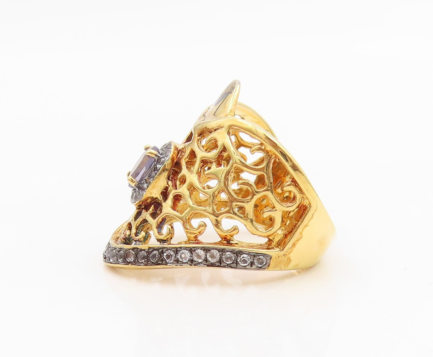925 Sterling Silver Vintage Ring Gold Plated Real Topaz Openwork Sz 6.5 RG34967