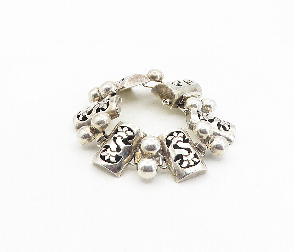 MEXICO 925 Silver  Vintage Dark Tone Cutout Dome Link Chain Bracelet  BT3956