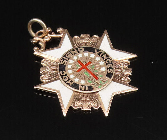 10K GOLD  Vintage Antique Enamel In Hoc Signo Vinces Masonic Pendant  GP565