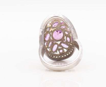 925 Sterling Silver Vintage Ring Oval Cut Amethyst & Topaz Inlay  Sz 7  RG30033