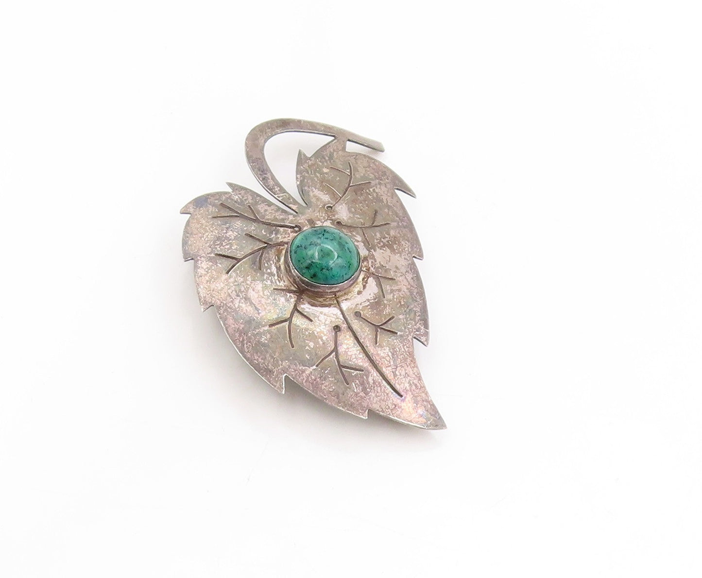 925 Sterling Silver Vintage Brooch ISRAEL Turquoise Etched Grape Leaf  BP11859