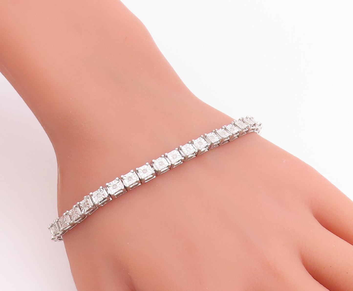 925 Sterling Silver Vintage Bracelet Real Diamonds Square Tennis Link  BT12228