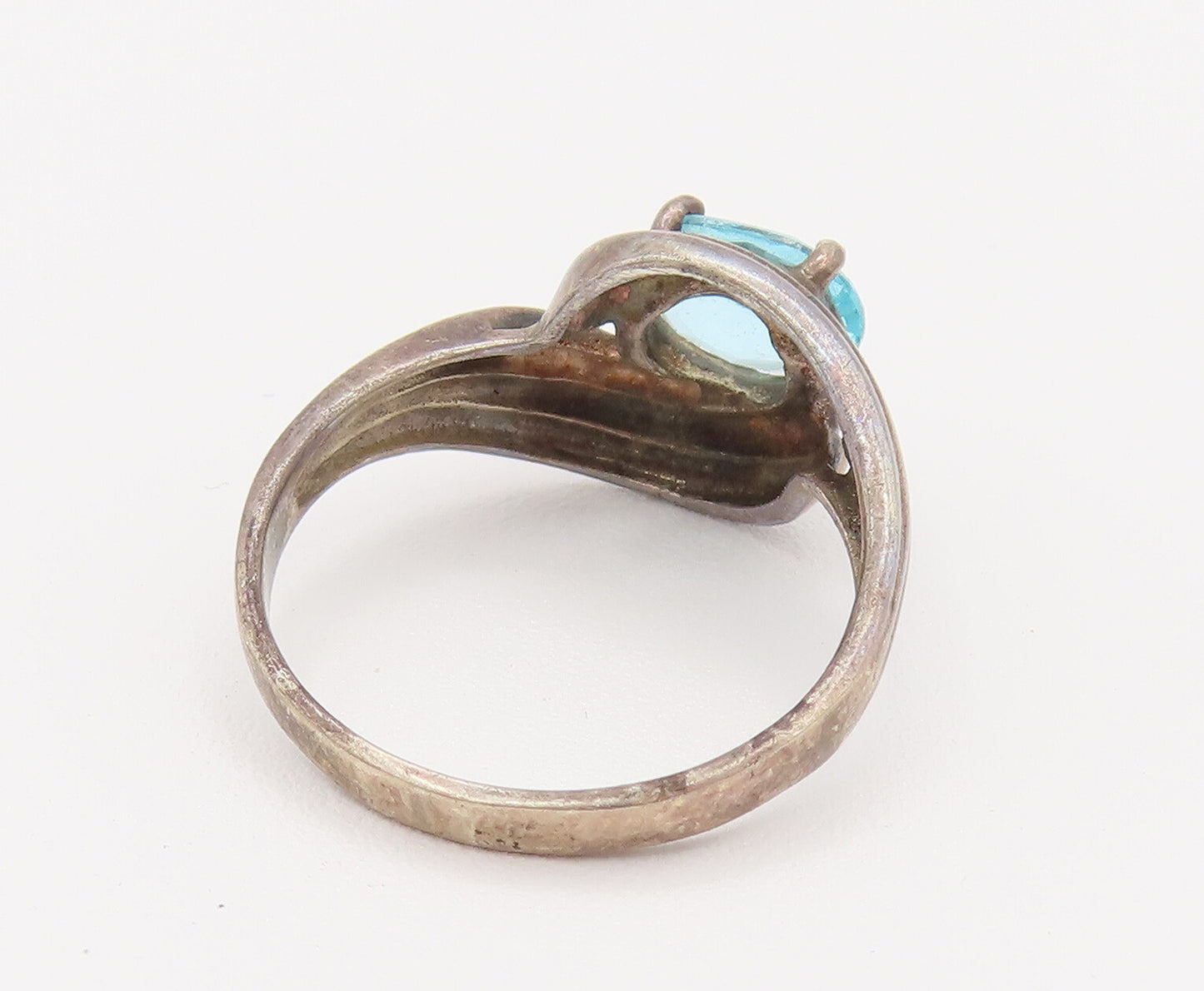 925 Silver  Vintage Oval Blue Topaz Ribbed Swirl Frame Ring Sz 7.25  RG26200