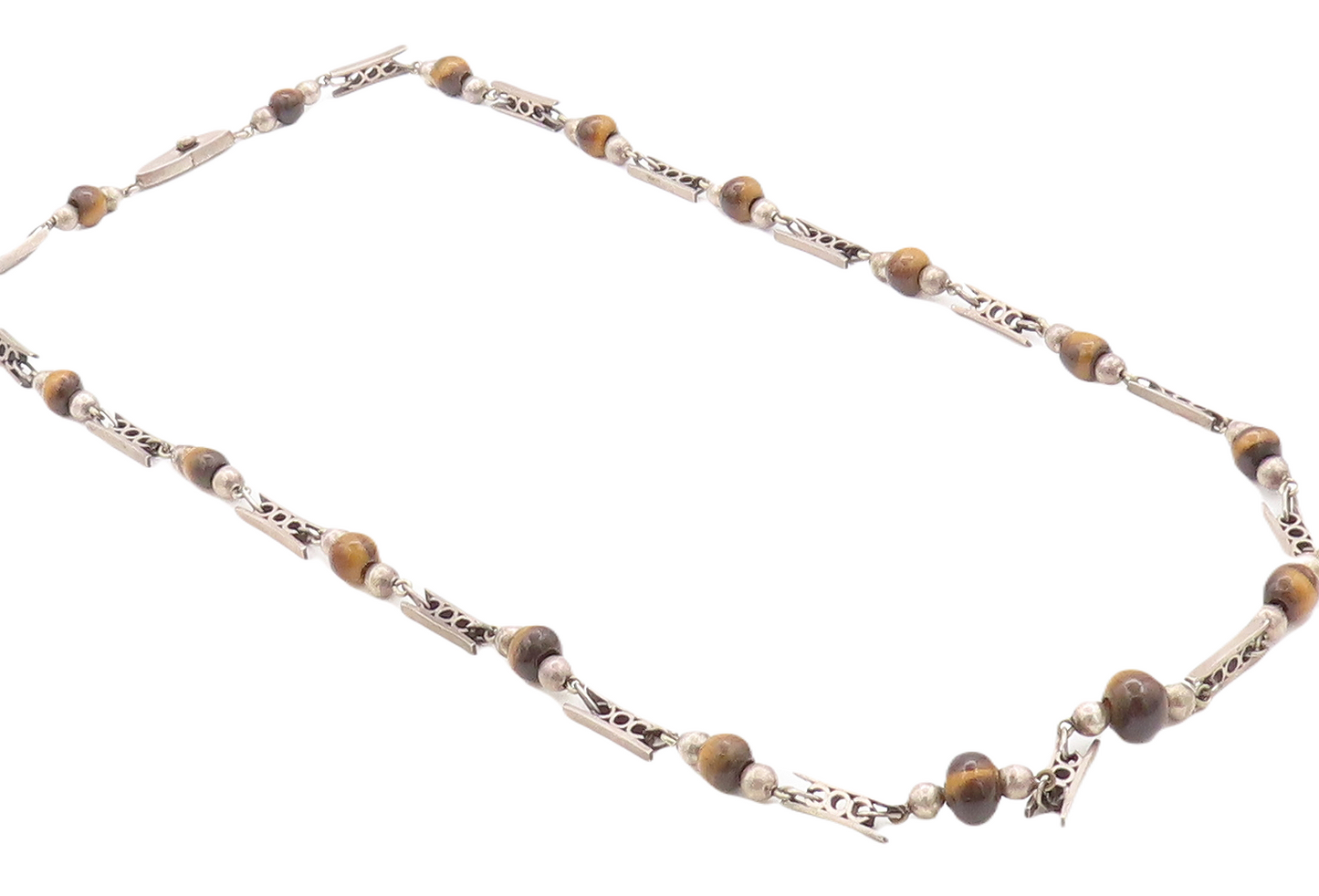 925 Sterling Silver Vintage Necklace MEXICO Designer Beaded Tiger's Eye   NE4413