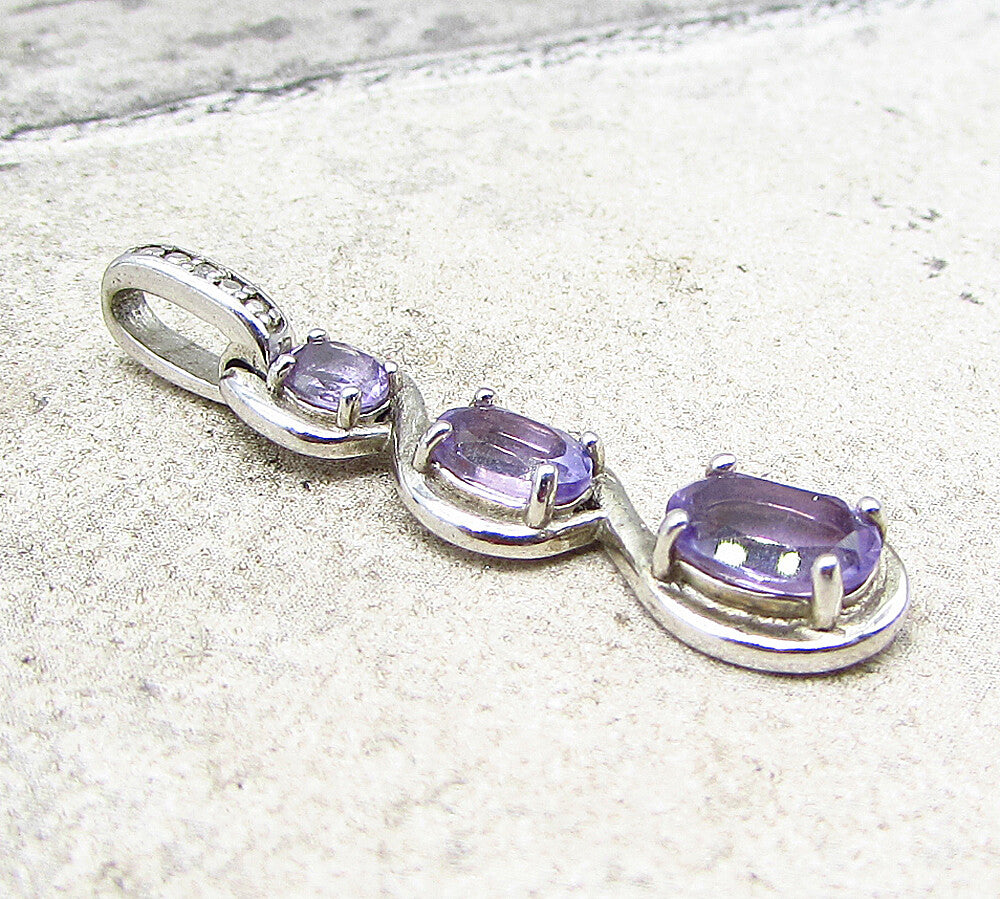 925 Sterling Silver  Amethyst & Genuine Diamond Drop Pendant  PT1473