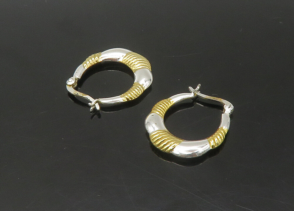 925 Sterling Silver  Vintage Shiny 2 Tone Fluted Detail Hoop Earrings EG10875