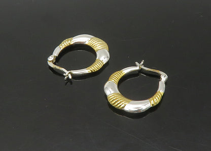 925 Sterling Silver  Vintage Shiny 2 Tone Fluted Detail Hoop Earrings EG10875