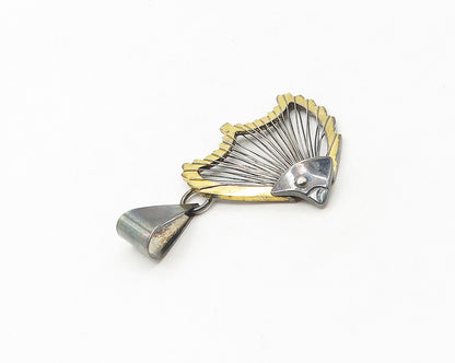 925 Sterling Silver  Vintage Shiny Two Tone Fish Motif Pendant  PT13745