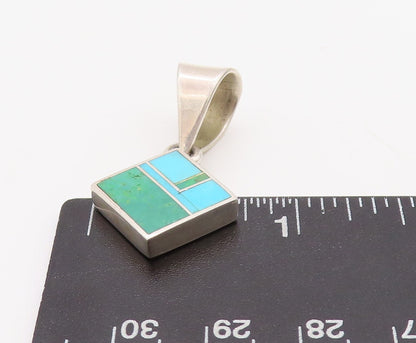 925 Sterling Silver Vintage Pendant NAVAJO Rectangular Inlay Turquoise  PT23494