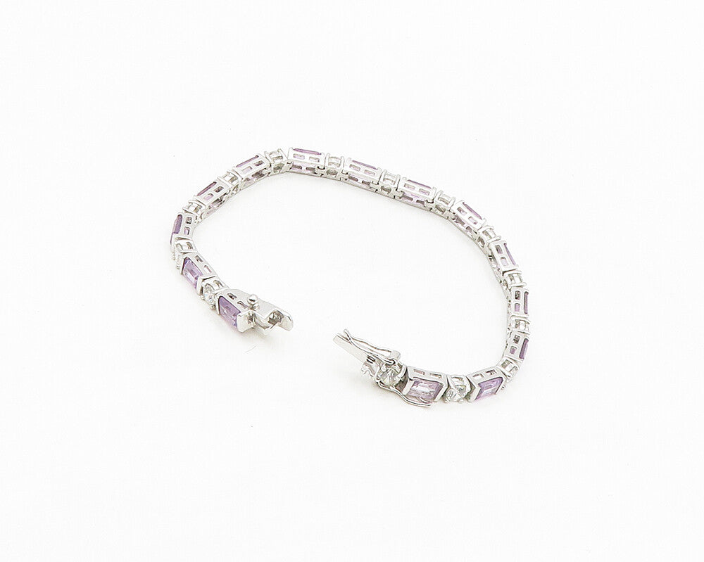925 Sterling Silver  Shiny Cubic Zirconia & Amethyst Chain Bracelet  BT7008