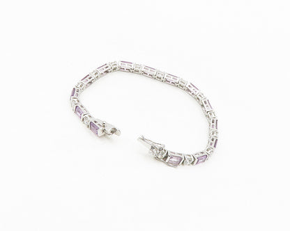 925 Sterling Silver  Shiny Cubic Zirconia & Amethyst Chain Bracelet  BT7008