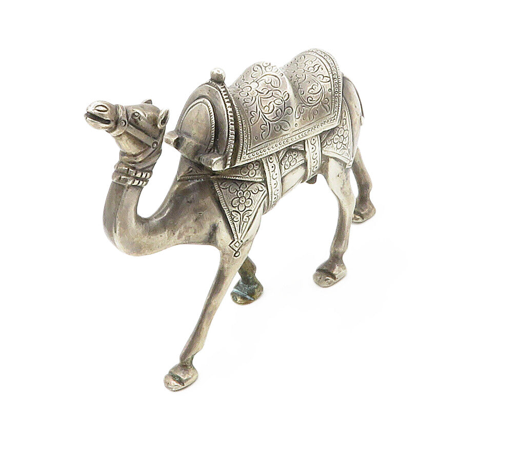 Solid Silver Vintage Floral Etched Large Camel Statue Figurine  TR2117