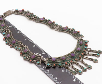 925 Sterling Silver Vintage Necklace MEXICO Real Gemstones Large Royal  NE4350