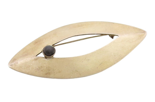 925 Sterling Silver Vintage Brooch Pin MEXICO Round Onyx Modernist Leaf  BP12573