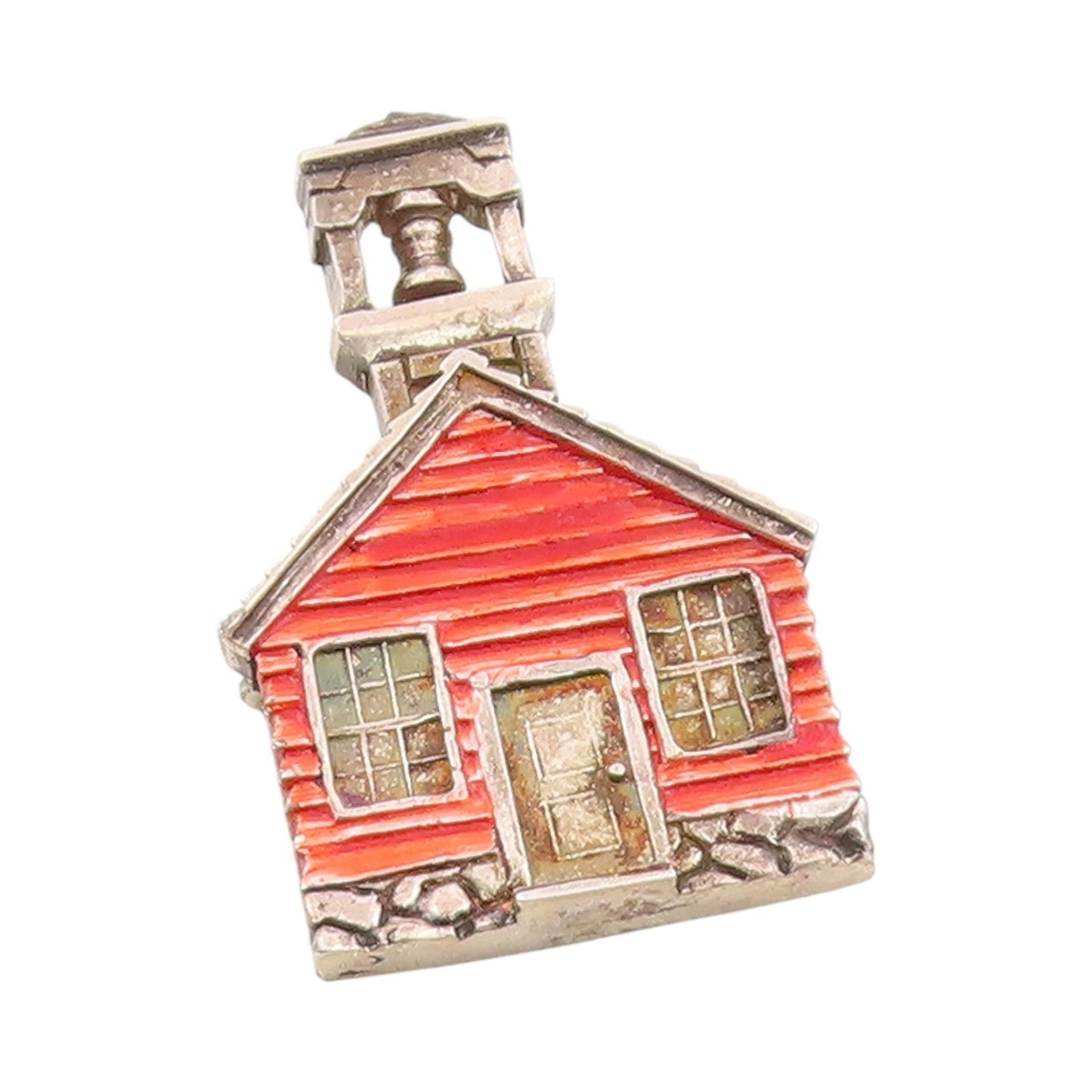 925 Sterling Silver Vintage Brooch Red Enameled Schoolhouse With Bell  BP12046