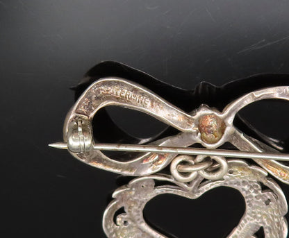 925 Silver  Vintage Dainty Bow Tie Dangle Scroll Love Heart Brooch Pin  BP9759