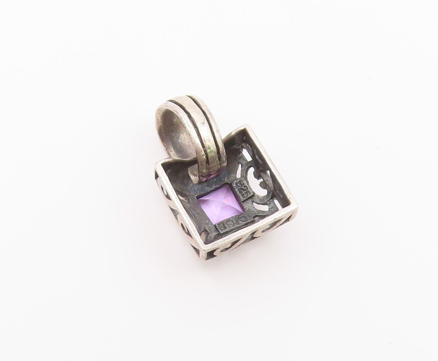 925 Sterling Silver  Vintage Amethyst Cutout Square Dome Pendant  PT17412