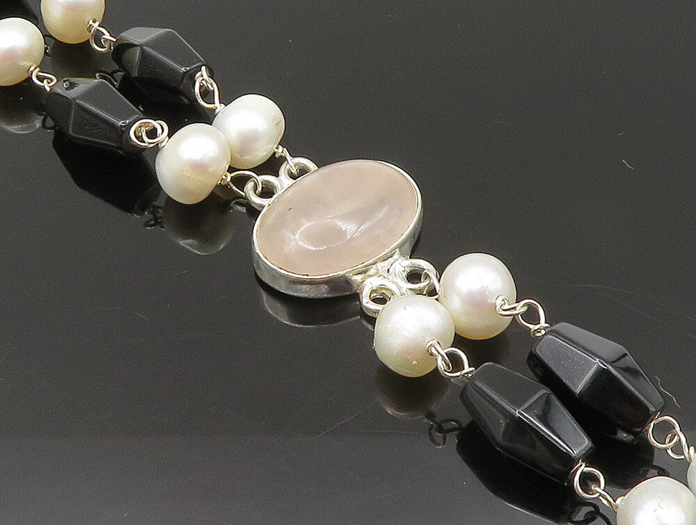 925 Sterling Silver  Rose Quartz & Freshwater Pearls Chain Bracelet  BT1164