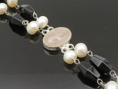 925 Sterling Silver  Rose Quartz & Freshwater Pearls Chain Bracelet  BT1164