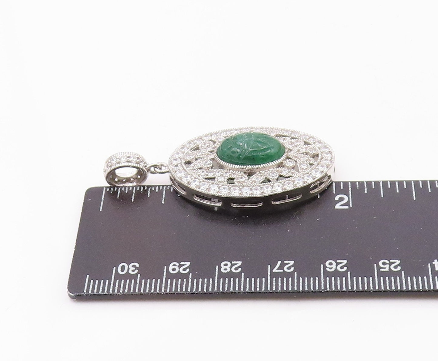925 Sterling Silver  Vintage Carved Jade & Cubic Zirconia Pendant  PT20048