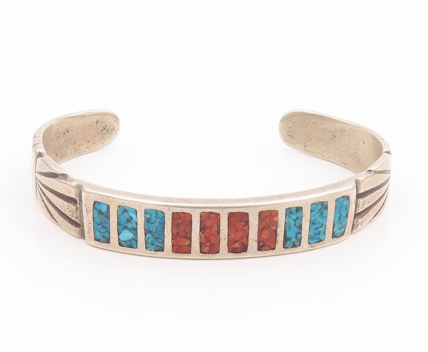 925 Sterling Silver Vintage Bracelet NAVAJO ZUNI Crushed Gemstone Inlay  BT11778